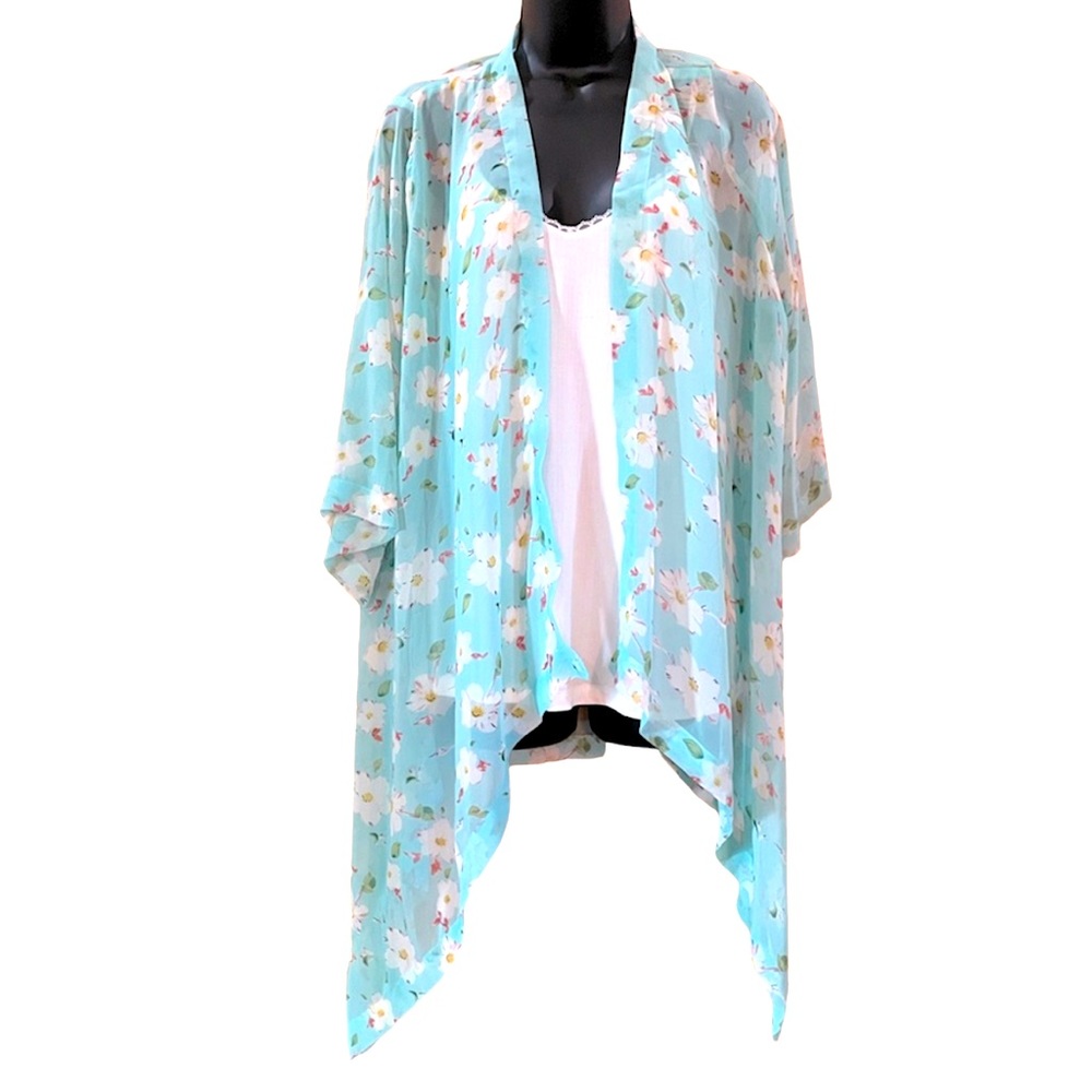 Sheer mint and daisy kimono top.